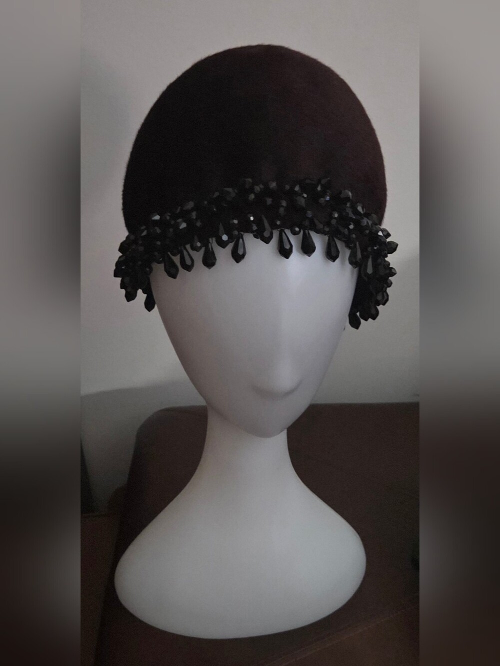 Christian Dior Chapeaux NY Vintage  Chocolate Fur Felt Black Beaded Hat 22